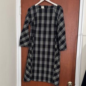 Chic Navy Blue and White Plaid Long Sleeve Dress